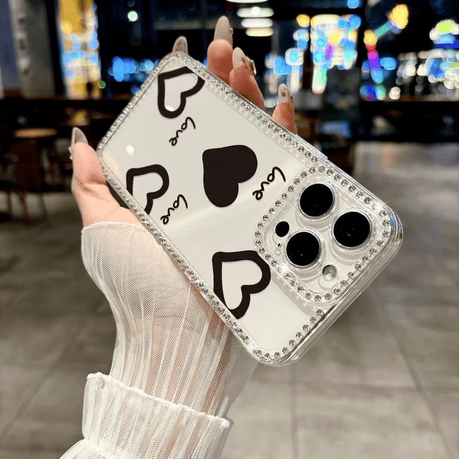 Stoßfeste iPhone Schutzhülle mit Diamant-Herz-Design und Lanyard, transparent - Bild 4