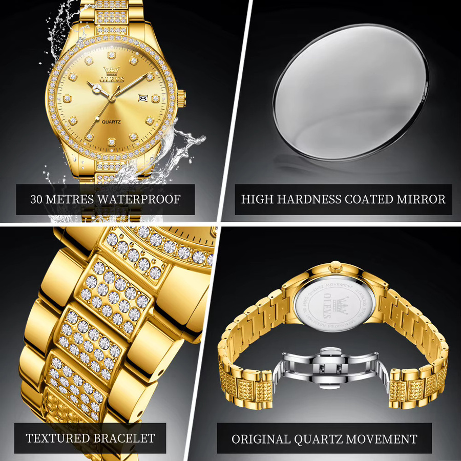 OLEVS Armbanduhr, Quarz, Edelstahl, Gold, Diamant, Zirkonia, Herren - Bild 5