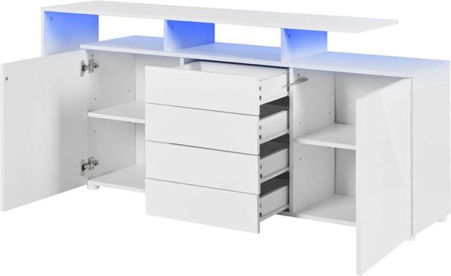 okwish Sideboard als moderner Mehrzweckschrank mit LED-Beleuchtung in Weiß, B/T/H: 160 x 35 x 70 cm - Bild 1
