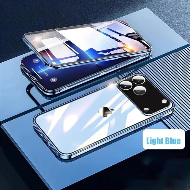 Magnetische Metall Handyhülle mit 360 Grad Vollschutz und doppelseitigem gehärtetem Glas für Apple iPhone 17 Air 16 15 14 13 12 11 Pro Max, Blau - Bild 1