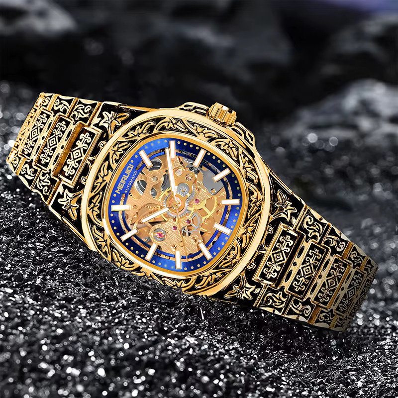 MEIRUIQI Armbanduhr Automatik, Edelstahl, Gold, Blau, Herren - Bild 4