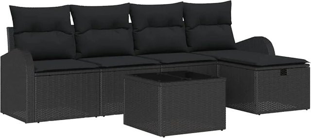 vidaXL Garten-Sofa-Set aus Poly Rattan in Schwarz mit 6 Teilen, inklusive Kissen, Tisch und Hocker mit Stauraumfunktion - Bild 1