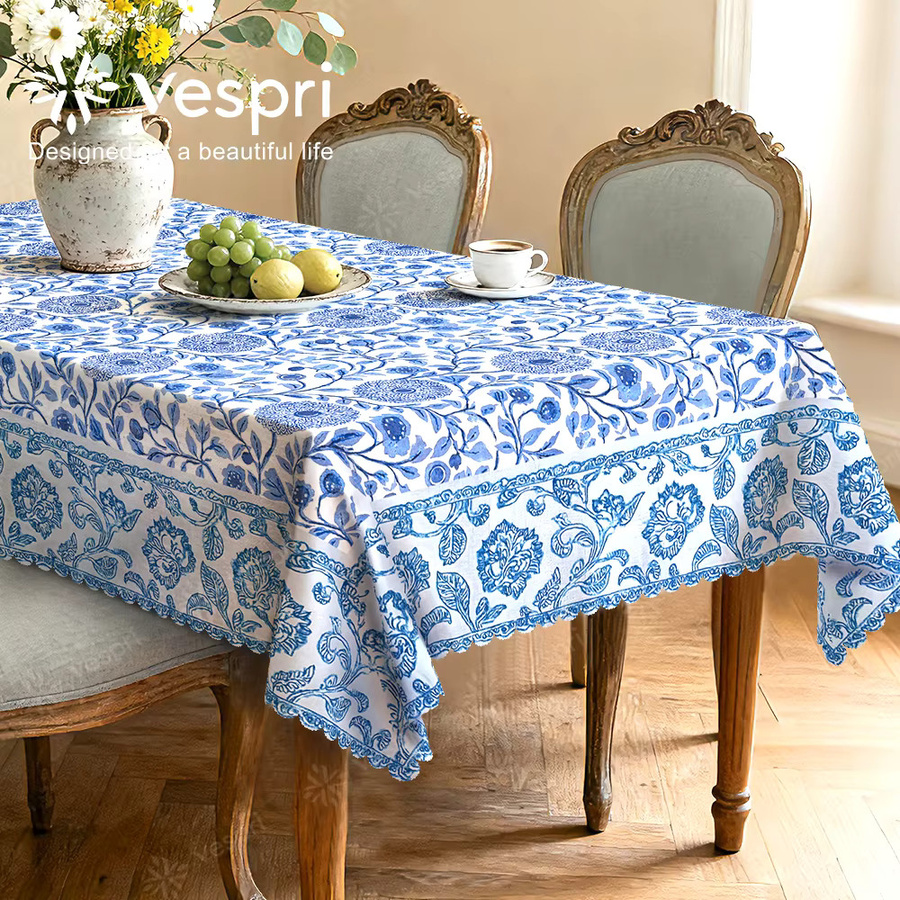 Vespri Frühlingstischdecke mit Blumenmuster in Blau-Weiß für Ostern und Partys, Landhausstil, Durchmesser: 152,4 cm - Bild 2