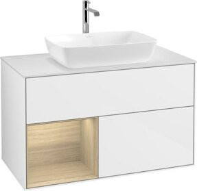 V&B Waschtischunterschrank Finion 100 mit Wandbeleuchtung in Weiß und Eichen Dekor B/T/H: 100 x 50,1 x 50,1 cm - Bild 1
