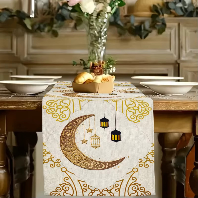 VIKAMA Ramadan Tischläufer mit Stern- und Mond-Heißprägung aus Leinen in Orientalischem Design, Breite: 33 cm, Länge: 90 cm - Bild 4
