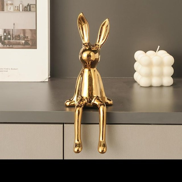SZ-Damai Kaninchen Dekofigur in Gold für Wohnzimmer und Büro, Keramik und Metall - Bild 1