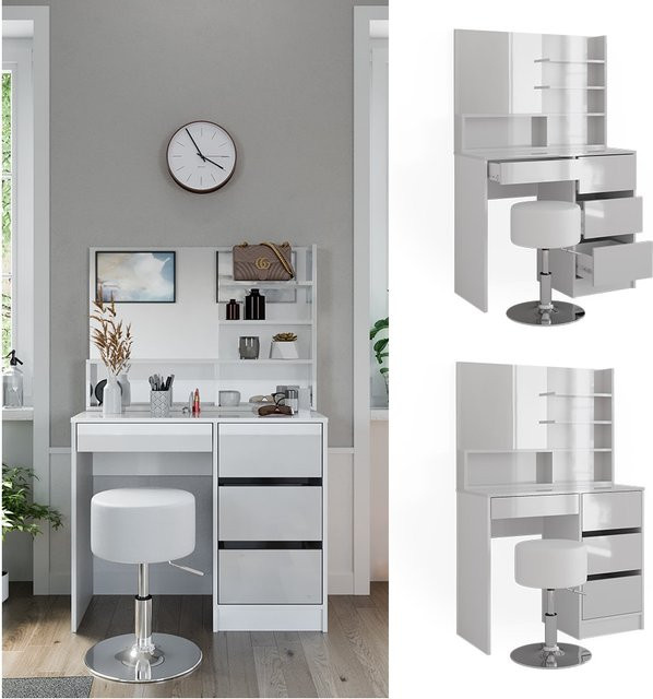 Vicco Schminktisch Sherry Weiß Hochglanz mit Spiegel, Regal und Hocker, B: 90 cm, H: 75 cm - Bild 1