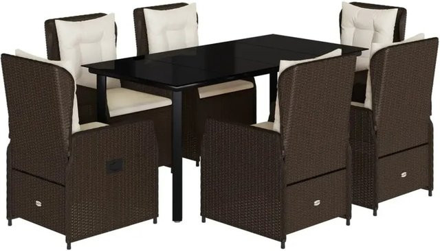 vidaXL 7-teilige Garten-Essgruppe aus braunem Poly-Rattan mit Kissen und Glastisch - Bild 1