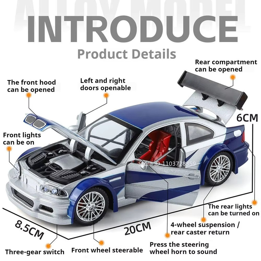 MAKEDA M3 GTR E46 M4 Modell-Sportwagen, 1:24, mit Licht und Sound, Metall - Bild 1
