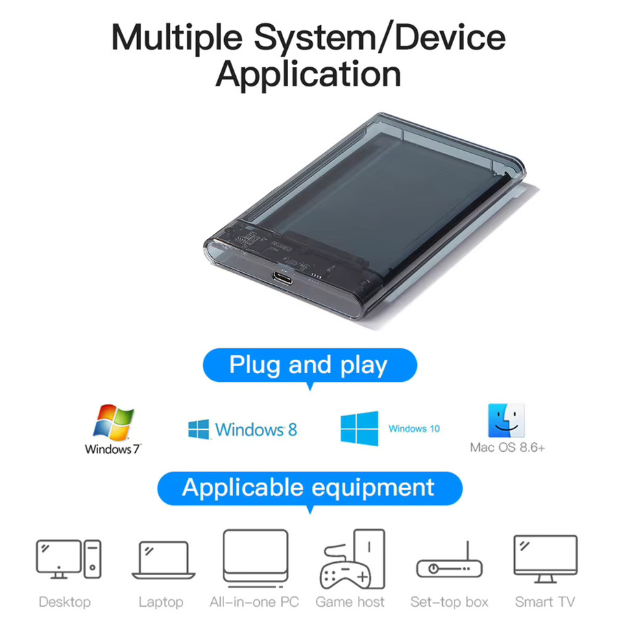 IRhasta Externes 2,5 Zoll Festplattengehäuse für HDD und SSD mit USB 3.1 und USB-C, Transparent/Schwarz - Bild 4