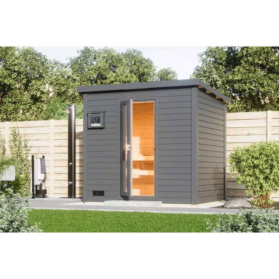 Karibu Saunahaus Arvi 3 Set aus Fichte in Terragrau mit 9 kW Ofen und externer Steuerung - Bild 2