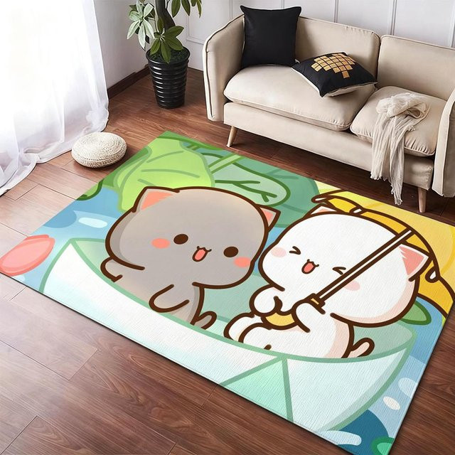 Rutschfeste Flanell-Bodenmatte mit Pfirsich-Mochi-Katze und Goma Motiv, weicher Plüschteppich in Schwarz und Mehrfarbig für dein Wohnzimmer - Bild 1
