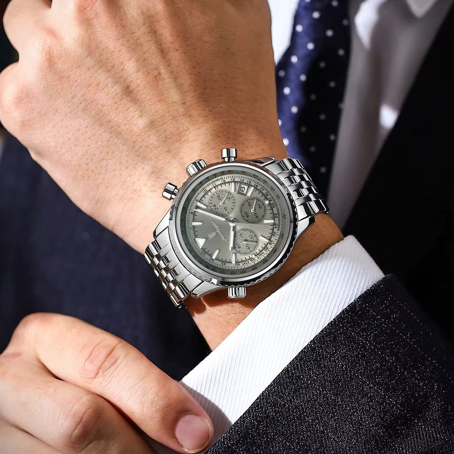 POEDAGAR Armbanduhr, Chronograph, Quarz, Edelstahl, Silber, Herren - Bild 5