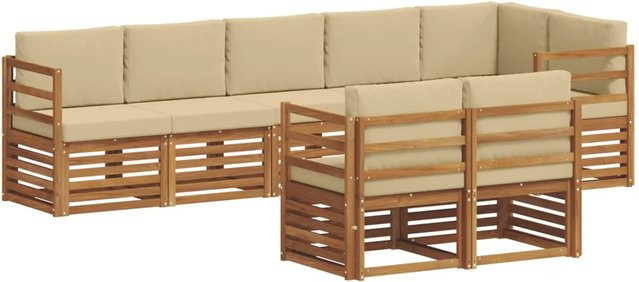 vidaXL Sofagarnitur aus Massivholz Akazie in Natur und Beige, 8-teiliges L-Shape Ecksofa-Set mit Polstern und Armlehnen - Bild 1