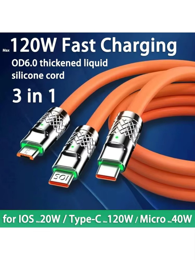 KADIXI 3 in 1 Schnellladekabel 120W 6A mit USB-C und Micro USB in Orange - Bild 5