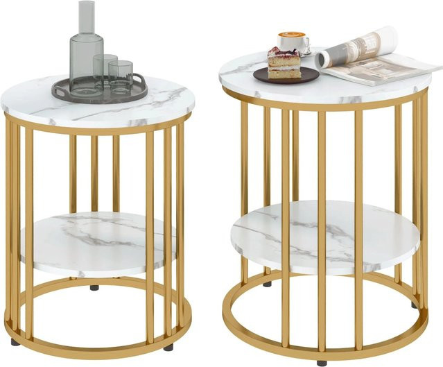 HOMCOM Couchtisch Set in Weiß und Gold mit Marmor-Look, runde Beistelltische aus MDF und Metall, B/T/H: 45 x 45 x 55 cm - Bild 1