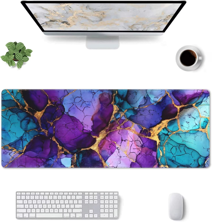Großes Gaming-Mauspad mit Marmor-Design in Multicolour, XL Schreibtischunterlage mit genähten Kanten für Gamer und das Heimbüro - Bild 2