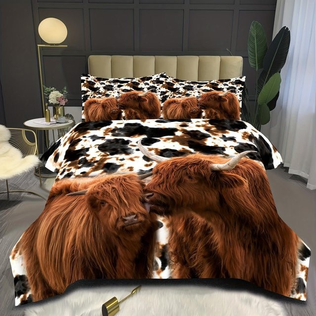Waschbares Mikrofaser Bettwäscheset von Your Warm Home mit Highland-Kuh-Aufdruck in Braun, bestehend aus Bettbezug und Kissenbezügen, B/H: 135 x 200 cm, Kissen: 50 x 70 cm - Bild 1