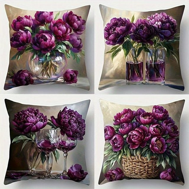 JMG Clothing Kissenbezug mit Pfingstrosen- und Vasenmuster in Violett, B/B: 45 x 45 cm - Bild 1