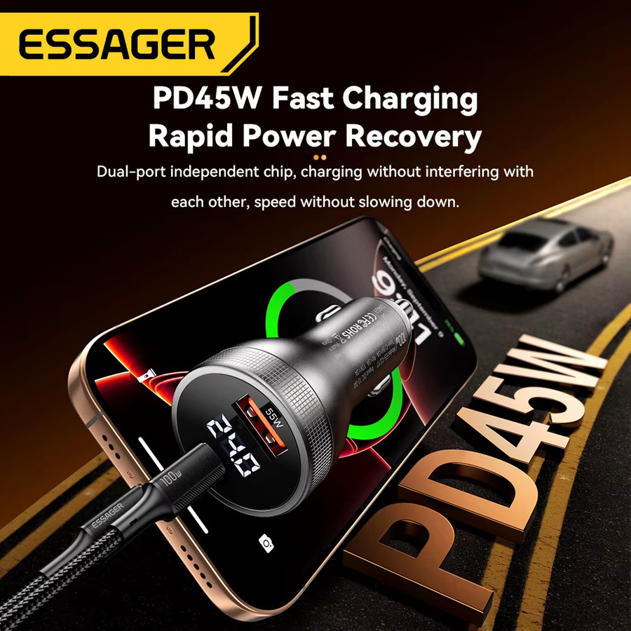 Essager 100W Auto-Ladegerät mit USB-C PD 45W Schnellladung in Schwarz - Bild 2