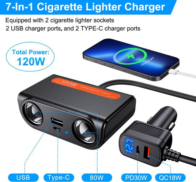 Kebidumei 7 in 1 USB Typ C Auto Zigarettenanzünder Splitter 120 W Schnellladegerät für 12 V 24 V mit Netzteil für Telefon, DVR und GPS in Schwarz - Bild 1