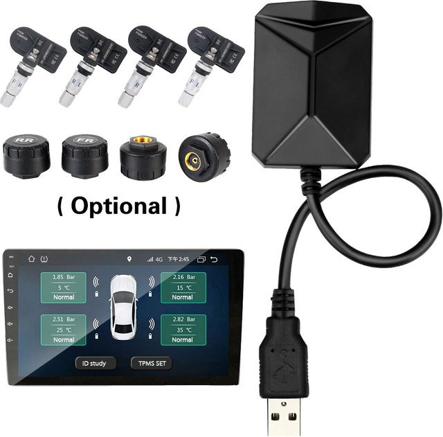 LEEPEE Android TPMS Reifendruckkontrollsystem mit 4 Sensoren und Android Auto Unterstützung, Schwarz, USB-C - Bild 1