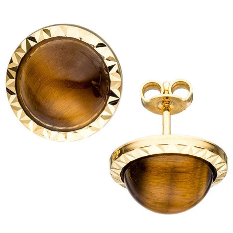 Colfem Ohrstecker 585 Gelbgold, rund, Tigeraugen braun, Unisex - Bild 1