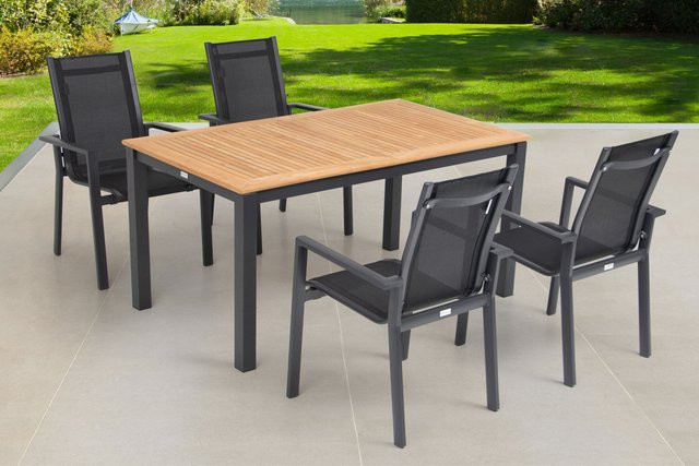 OUTFLEXX Garten-Essgruppe aus Aluminium, Teakholz und Textilene in Anthrazit Matt mit Ausziehtisch und 4 Stapelsesseln, Tisch B: 90 cm, T: 150 bis 210 cm - Bild 1