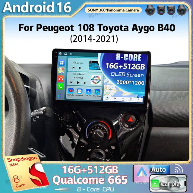 RSNAVI Android 16 Autoradio mit 2K QLED Display, GPS, 4G, CarPlay und Multimedia Videoplayer für Peugeot 108 und Toyota Aygo B40 (2014 - 2021), Schwarz - Bild 1