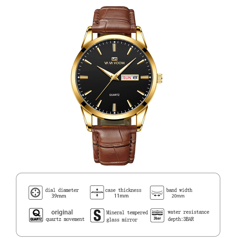 VA VA VOOM Armbanduhr, Quarz, Leder, 39 mm, Herren, Schwarz - Bild 2