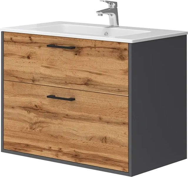 Vicco Badmöbel-Set Lanco modern in Anthrazit und Goldkraft Eiche mit Waschbecken und Spiegelschrank B/H: 80 x 62 cm - Bild 1