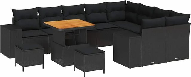 vidaXL Garten-Sofa-Set 12-teilig in Schwarz aus Poly-Rattan und Akazienholz mit Polstern in U-Form - Bild 1