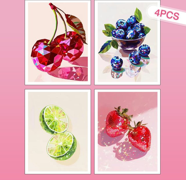 HUACAN 4-teiliges Kirsch-Diamantgemälde 5D Mosaik Set mit Erdbeeren und Blumen in Mehrfarbig für die Wanddekoration - Bild 1