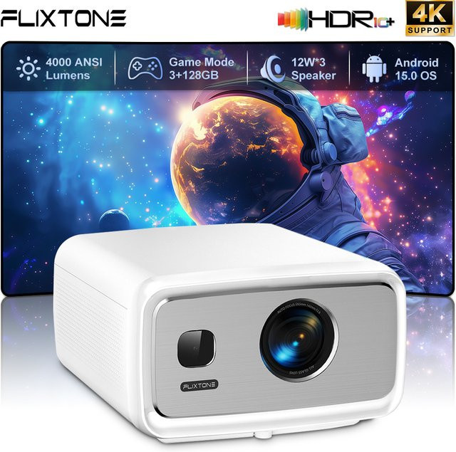 Flixtone D10S Smart Heimkino-Videoprojektor mit Android 15, 4K HDR10+, 4000 ANSI, Autofokus und Keystone-Korrektur, Weiß - Bild 1