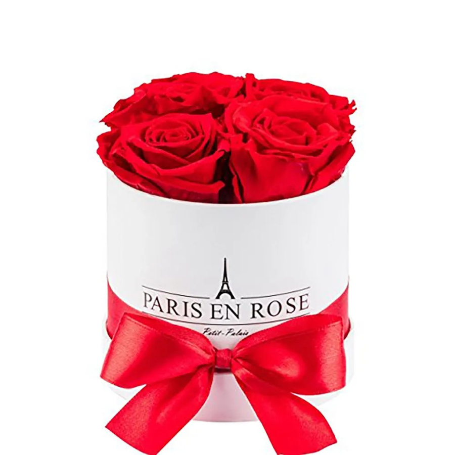 PARIS EN ROSE Rosenbox Weiß mit 4 roten Rosen und Schleife, Durchmesser: 10 cm - Bild 2