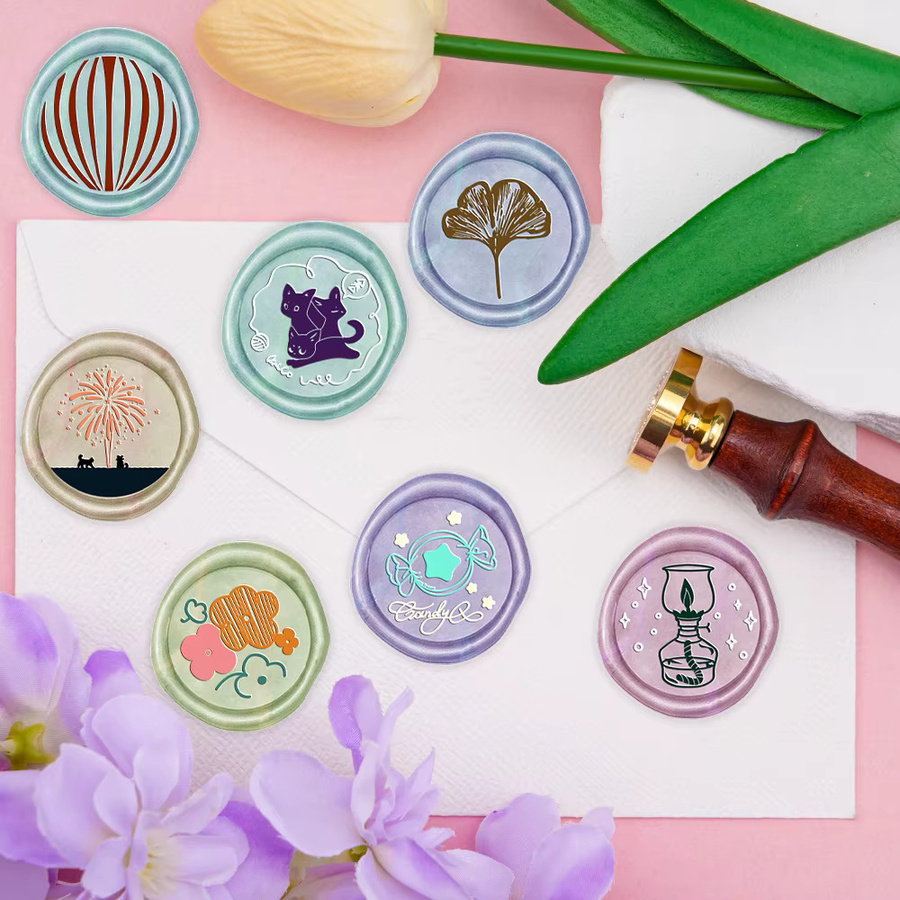 Bonbonwachssiegelstempel mit austauschbaren Messingstempelköpfen Design Blumen und Wolken sowie Ginkgoblatt zum Dekorieren von Geschenken und Grußkarten - Bild 2
