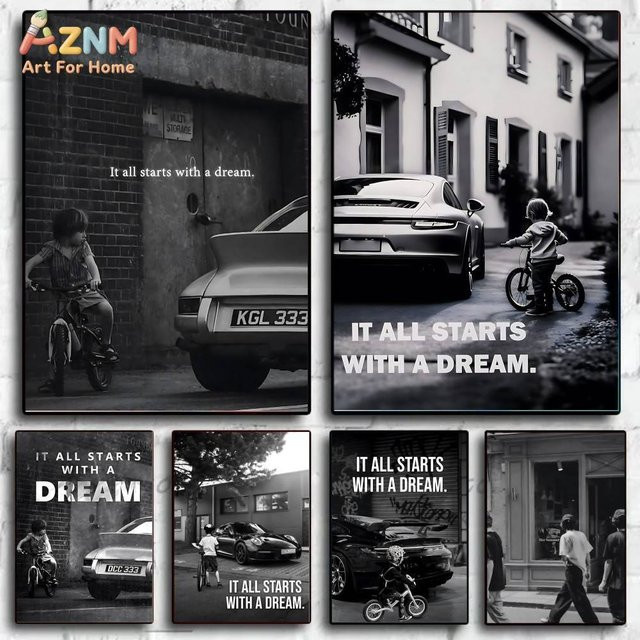 AZNM It All Starts With A Dream Porsche Leinwand-Wandkunst, Schwarz-Weiß, Ungerahmt - Bild 1