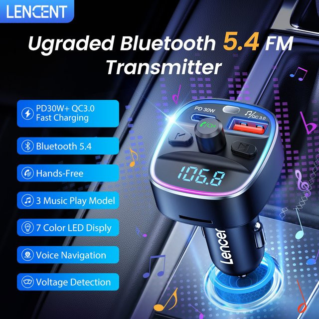 LENCENT Bluetooth 5.4 FM-Transmitter mit PD 30 W und QC 18 W Schnellladung, kabelloser Radio-Musik-Auto-Adapter in Schwarz - Bild 1