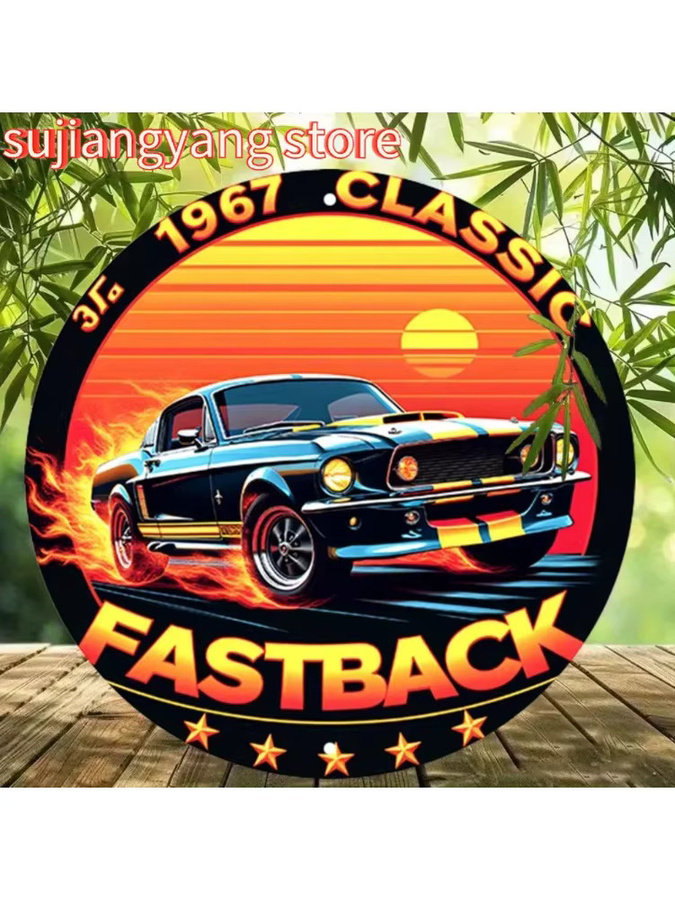 Rundes Vintage Aluminium-Metallblechschild Potdemiel mit 1967 Classic Fastback Design, Flammen und Sonnenuntergang, Durchmesser: 20 cm, Mehrfarbig - Bild 7
