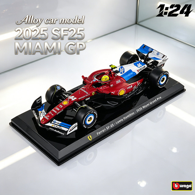 Bburago Ferrari SF25 Miami GP Lewis Hamilton, Formel-1-Legierungsmodellauto, 1:24, ab 14 Jahren - Bild 1