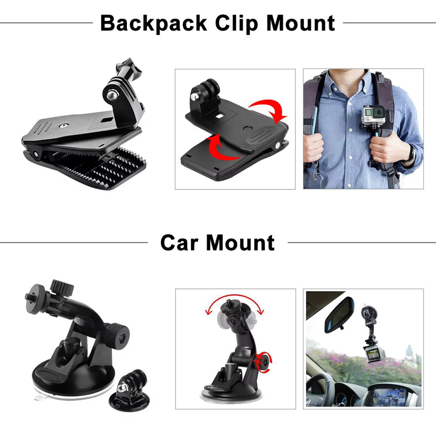 ORBMART Zubehör-Set für GoPro Hero 13, 12, 11, 10, 9, 8, 7 und Action-Kameras wie DJI Osmo Action oder Insta360, schwarze Halterung - Bild 2