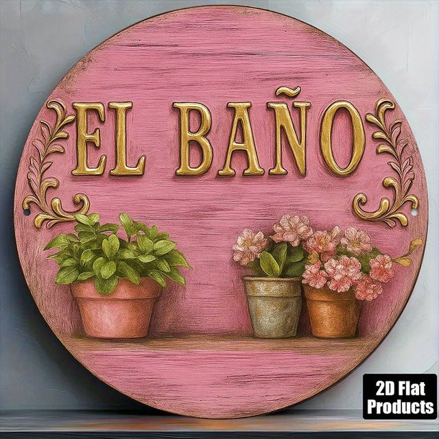 CIFBUY Vintage Metallschild El Baño mit floralem Design in Pink, runde Wandkunst für Badezimmer, Küche und Wäscherei, Durchmesser: 20 cm - Bild 1