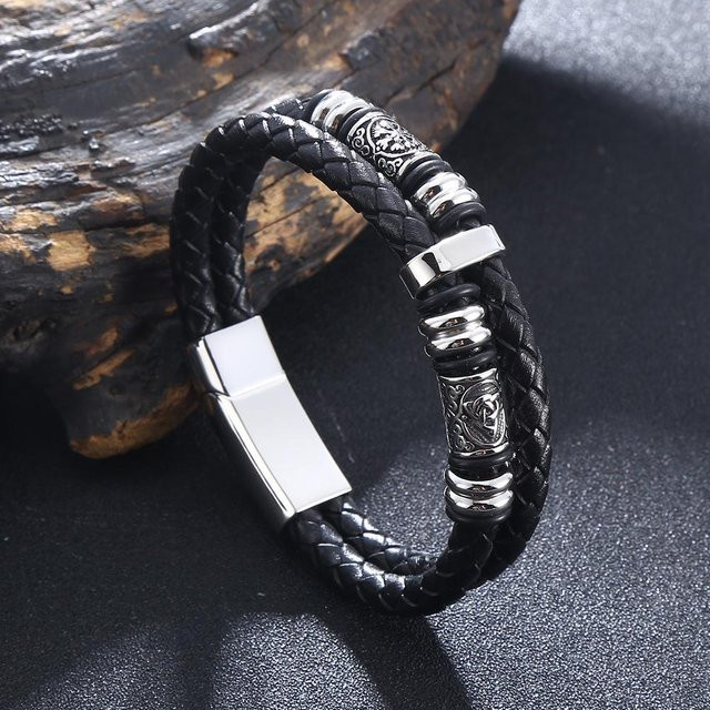 Global Finds Wikingerarmband Edelstahl & Leder, Schwarz, Herren - Bild 1
