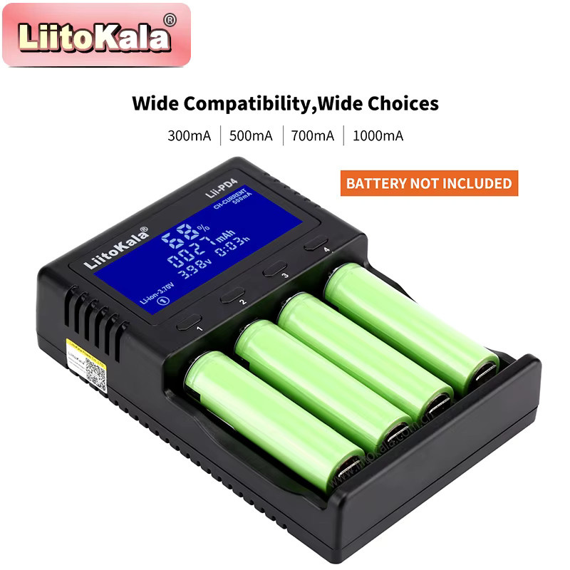 LiitoKala Lii-PD4 AC PD-Ladegerät in Schwarz mit LCD-Display, 4-Bay Schnellladegerät für LiFePO4 3,2V 21700, 18650, AA und AAA mit Mehrfachschutz und automatischer Erkennung - Bild 3