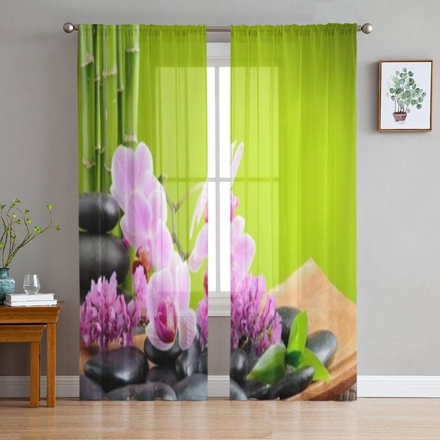 Super Six Chiffon-Vorhang mit floralem Design in Gelb und Grün, transparentes Voile-Dekor für Wohnzimmer und Schlafzimmer, Breite: 135 cm, Höhe: 114 cm - Bild 1