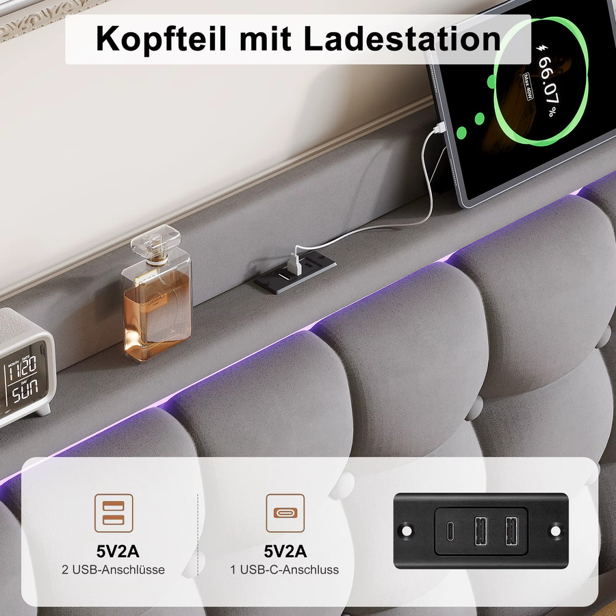 Fangange Schwebendes Polster-Doppelbettgestell mit RGB LED-Beleuchtung, gepolstertes Kopfteil mit USB- und Typ-C-Ladeanschluss, B/T: 140 x 200 cm - Bild 3