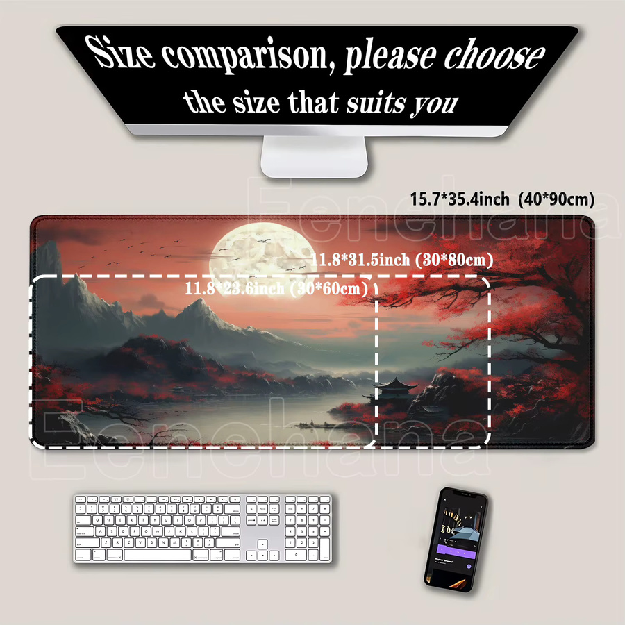 Eenehana Mauspad mit roter und schwarzer Kunstlandschaft und Sonnenuntergang, großes Anti-Rutsch-Mauspad mit HD-Druck und Overlock-Rand für Schreibtisch und Tastatur - Bild 2