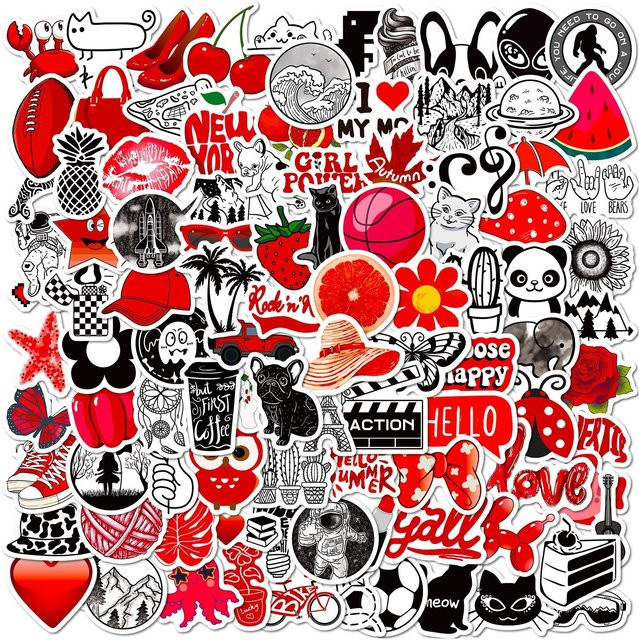 100 VSCO Aufkleber Set in Rot und Schwarz, Durchmesser: 4 cm - Bild 1
