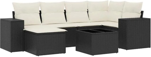 vidaXL 7-tlg. Garten-Sofagarnitur aus Polyrattan in Schwarz mit Kissen und Couchtisch im L-Shape Design - Bild 1