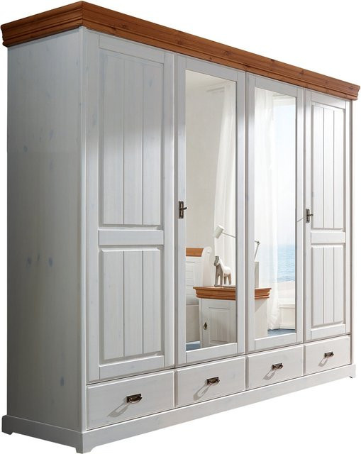 Kleiderschrank Skagen aus massiver Kiefer in Weiß mit 4 Türen und Glaselementen - Bild 1